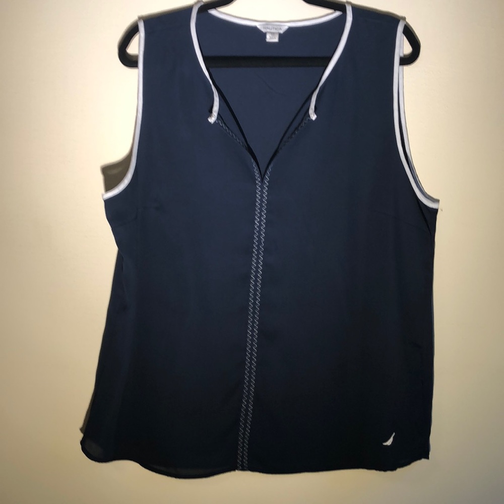 Nautical women’s sleeveless blouse white trim coastal grandmother